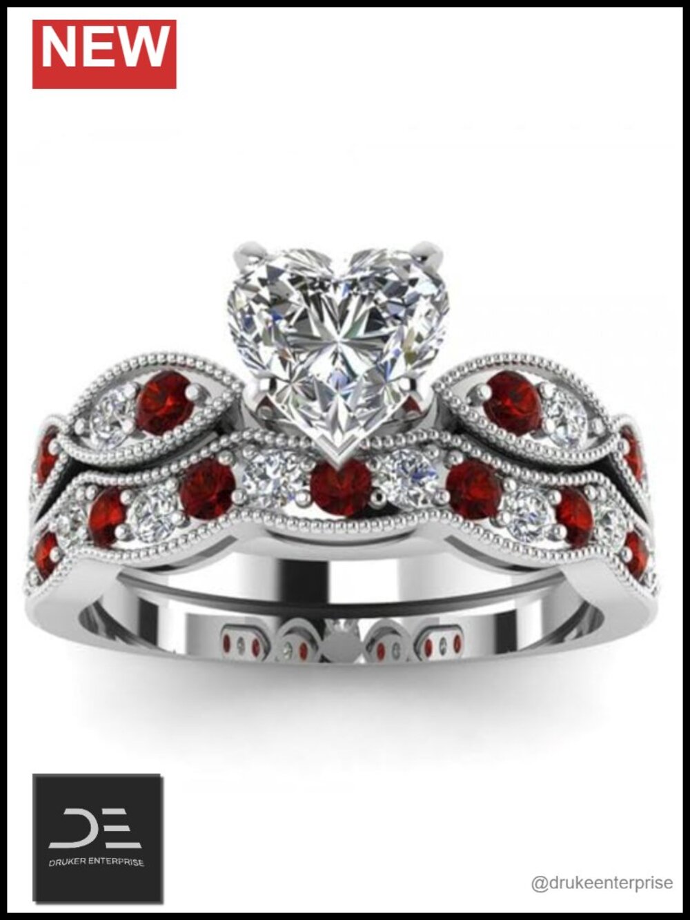 3 Carat CZ Solitaire Engagement Ring Set Halo Heart Cut Sterling Silver Bridal